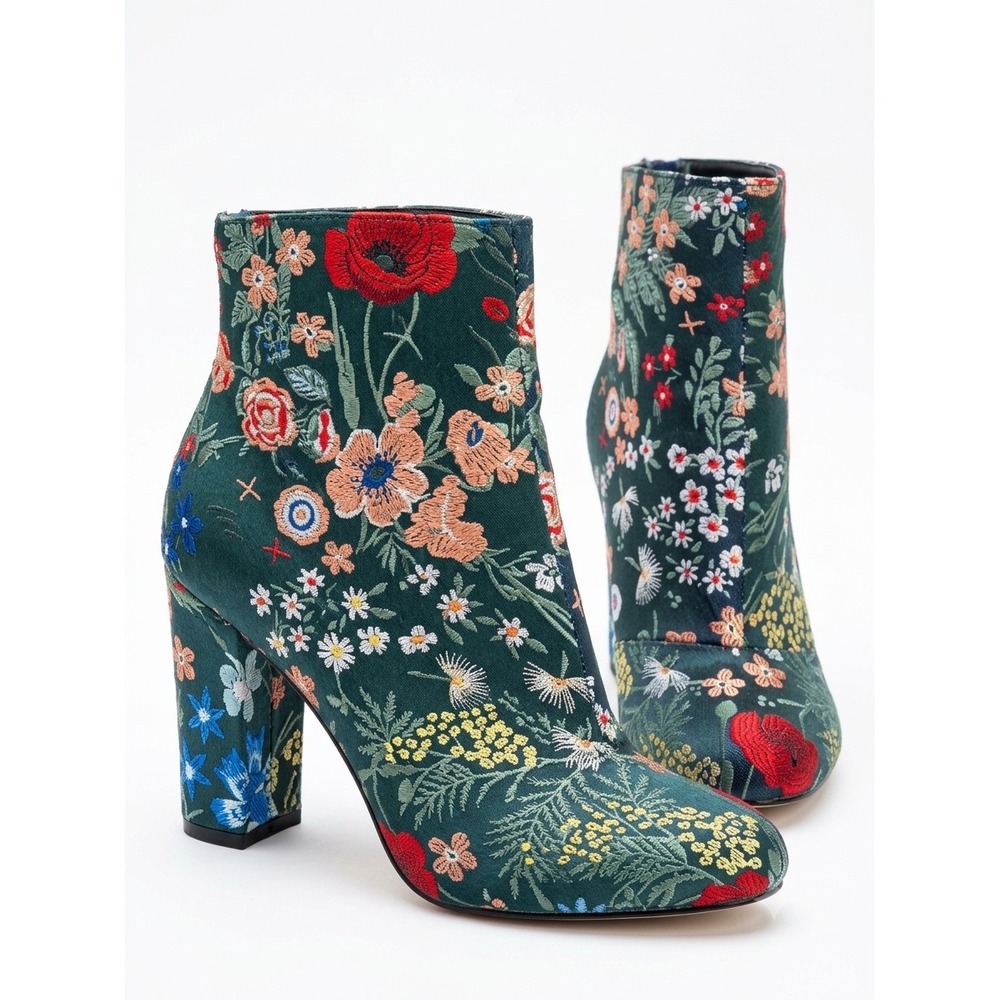 Metaphor Floral Boho Chic Embroidered Block Heel Ankle Boots Navy Blue Womens 6